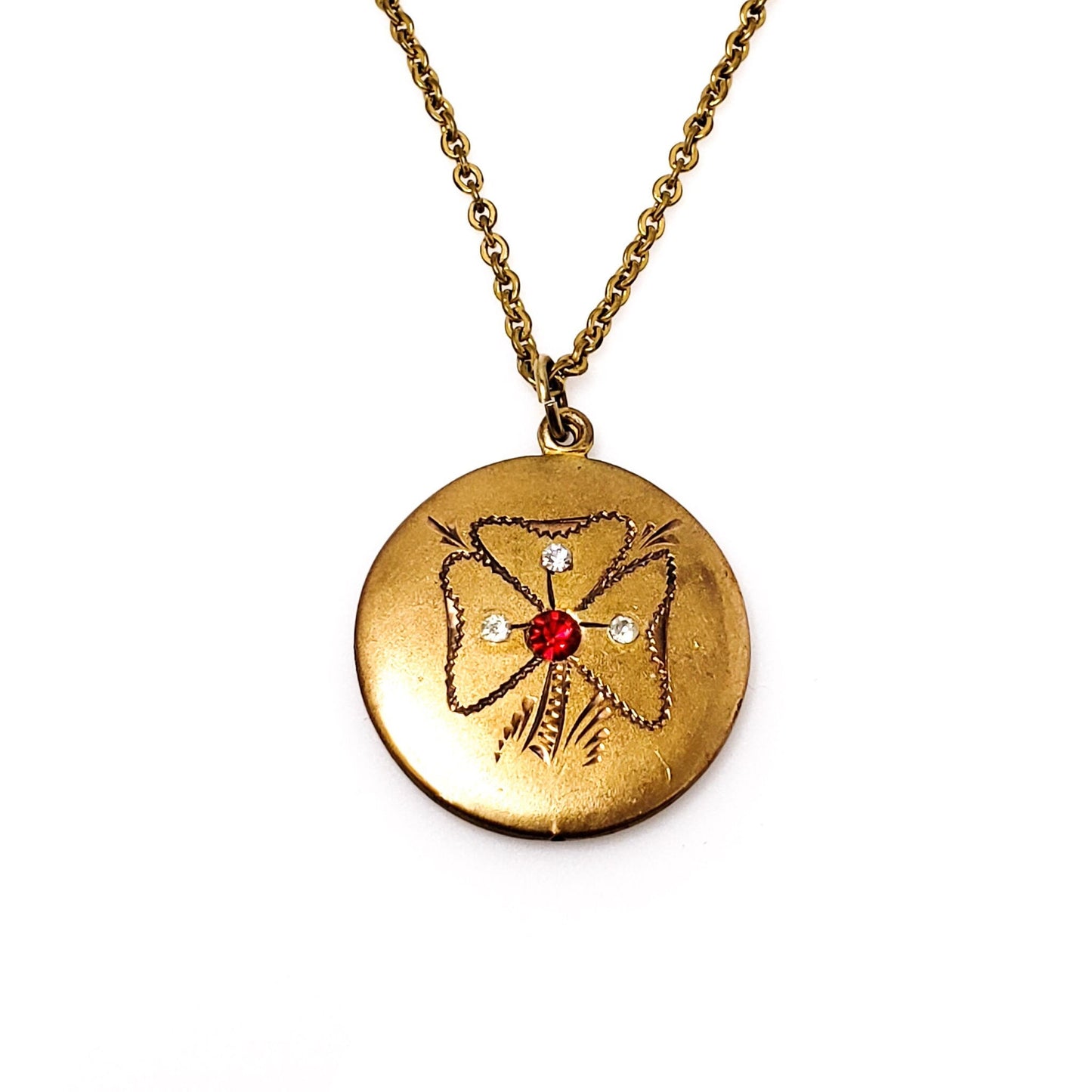 Antique 1900s Edwardian Three Leaf Clover Red Paste Gold Fill Choker 16" Necklace