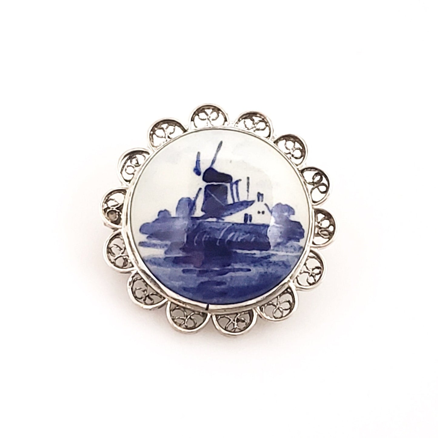 Antique 1900s Edwardian Delft Blue Pottery and Silver Windmill Brooch