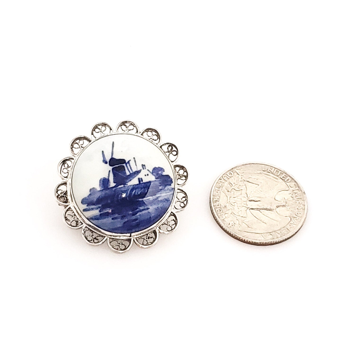 Antique 1900s Edwardian Delft Blue Pottery and Silver Windmill Brooch