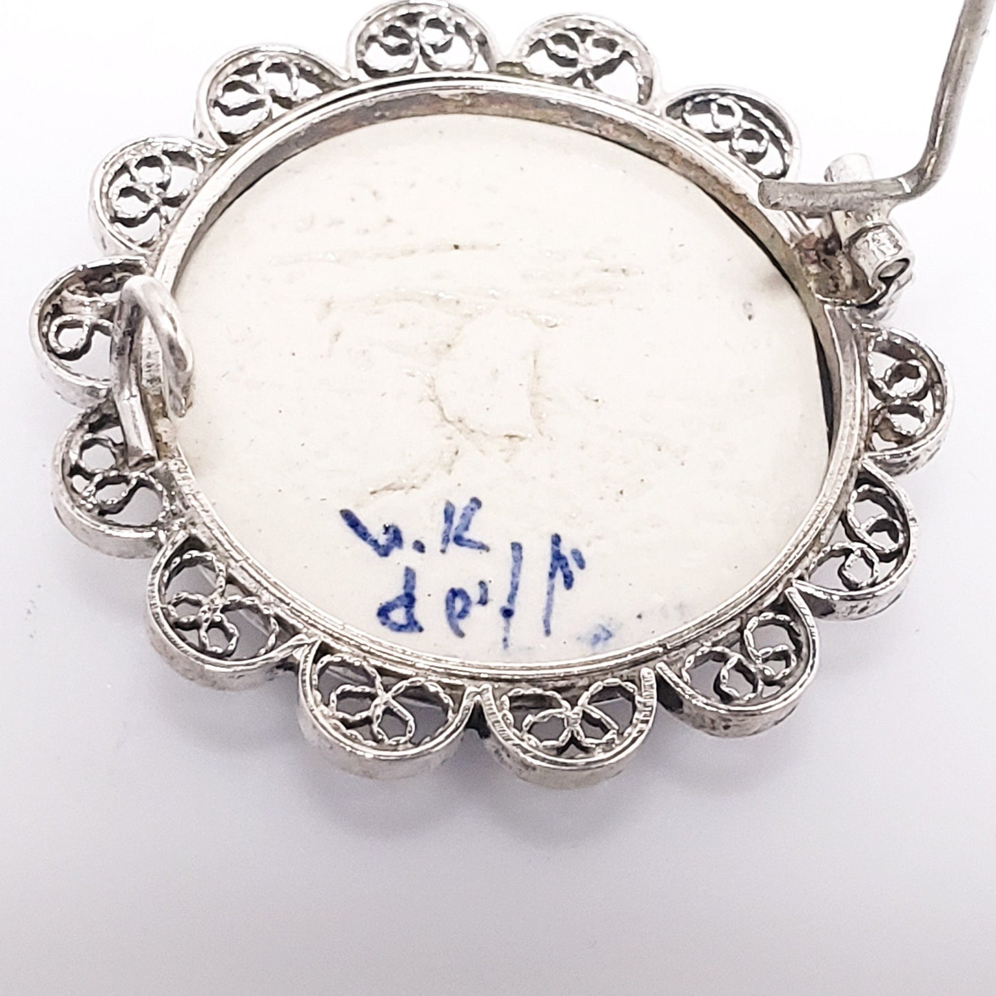 Antique 1900s Edwardian Delft Blue Pottery and Silver Windmill Brooch