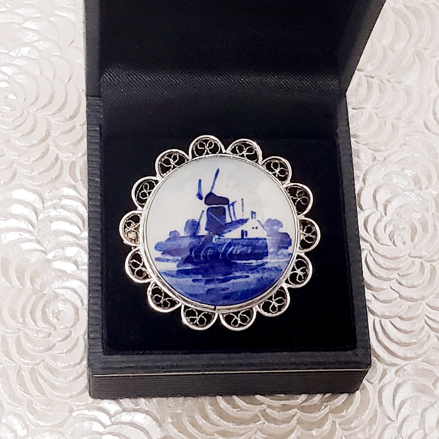 Antique 1900s Edwardian Delft Blue Pottery and Silver Windmill Brooch