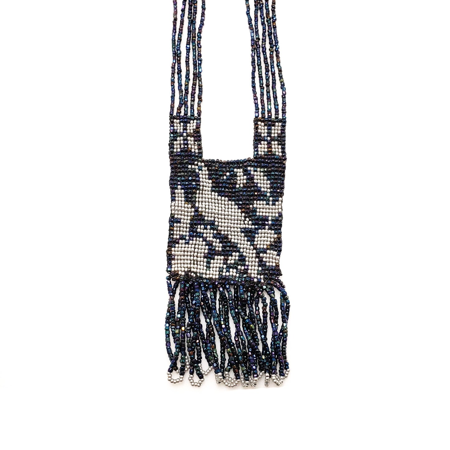 Vintage Bead Tassel Necklace - 1970s Southwestern Loom Peacock and Silver Glass Beaded Dove Long Necklace - Boho Bead Necklace