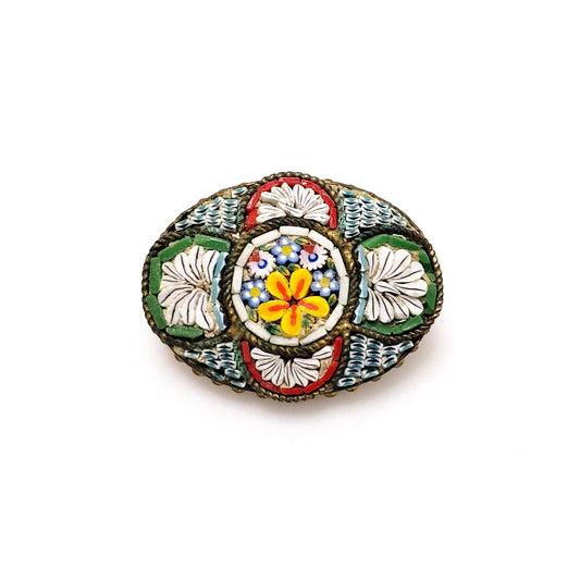 Antique 1910s Italian Micro Mosaic Gold Washed Brass and Glass Flower Brooch