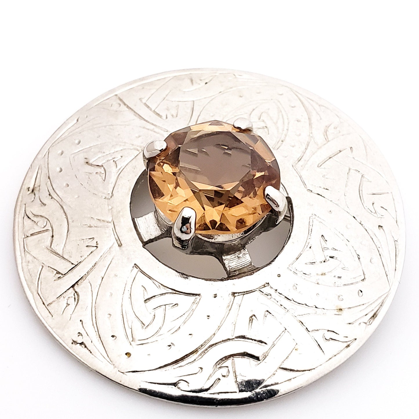 Vintage 1970s Large Scottish Orange Glass and Silver Plate Chunky Statement Celtic Brooch