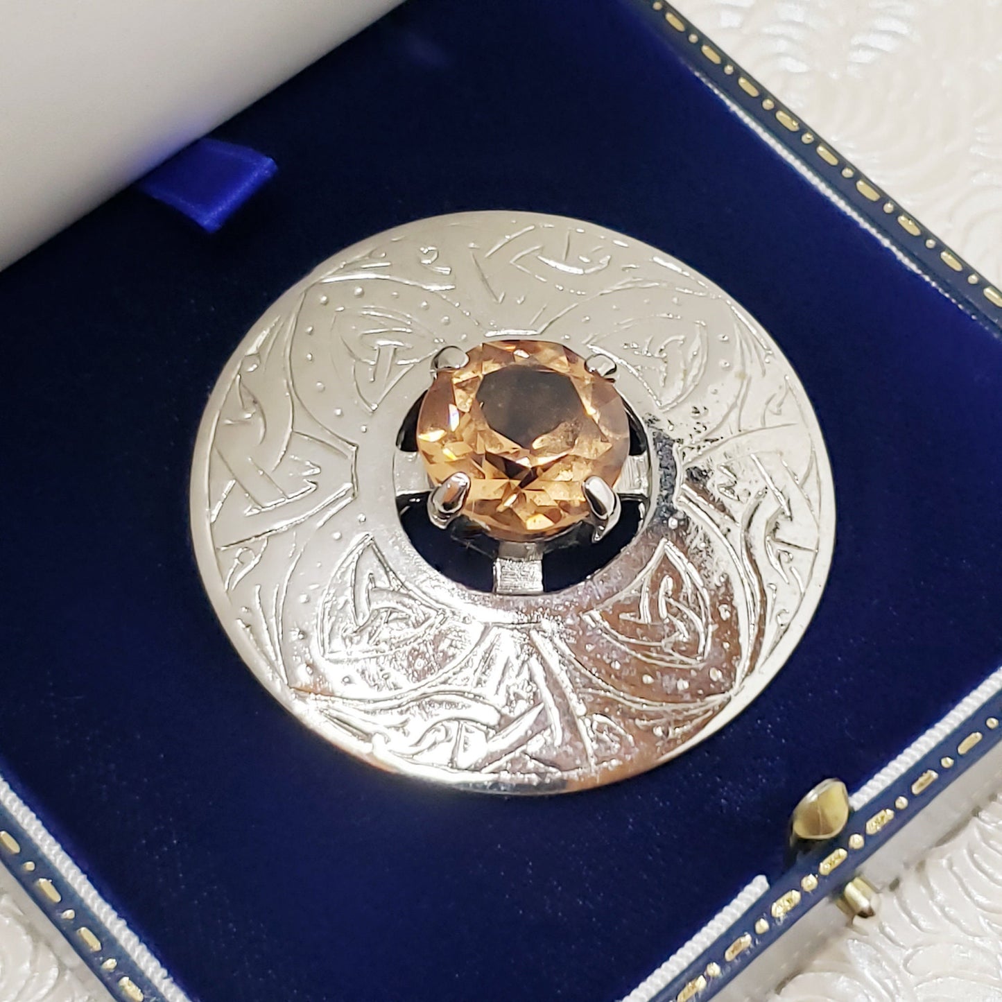 Vintage 1970s Large Scottish Orange Glass and Silver Plate Chunky Statement Celtic Brooch