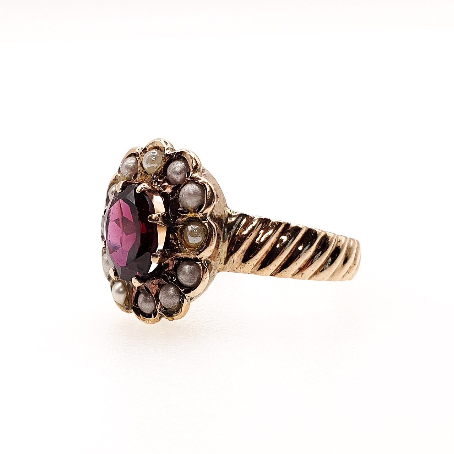 Antique 1890s Late Victorian Almandite Garnet, Seed Pearl, and 9k Yellow Gold, Pearl Halo Ring Size 6.5