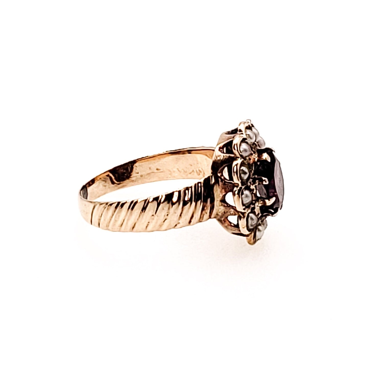 Antique 1890s Late Victorian Almandite Garnet, Seed Pearl, and 9k Yellow Gold, Pearl Halo Ring Size 6.5