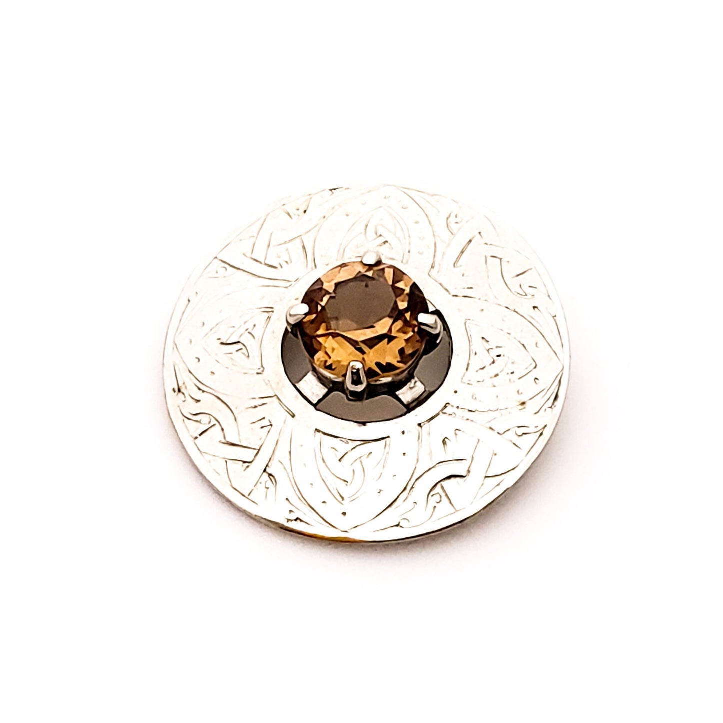 Vintage 1970s Large Scottish Orange Glass and Silver Plate Chunky Statement Celtic Brooch