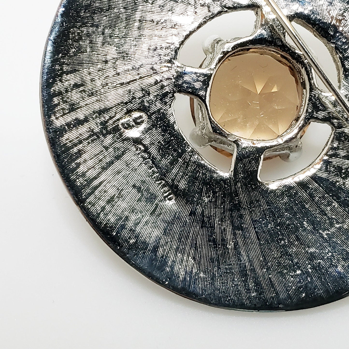 Vintage 1970s Large Scottish Orange Glass and Silver Plate Chunky Statement Celtic Brooch