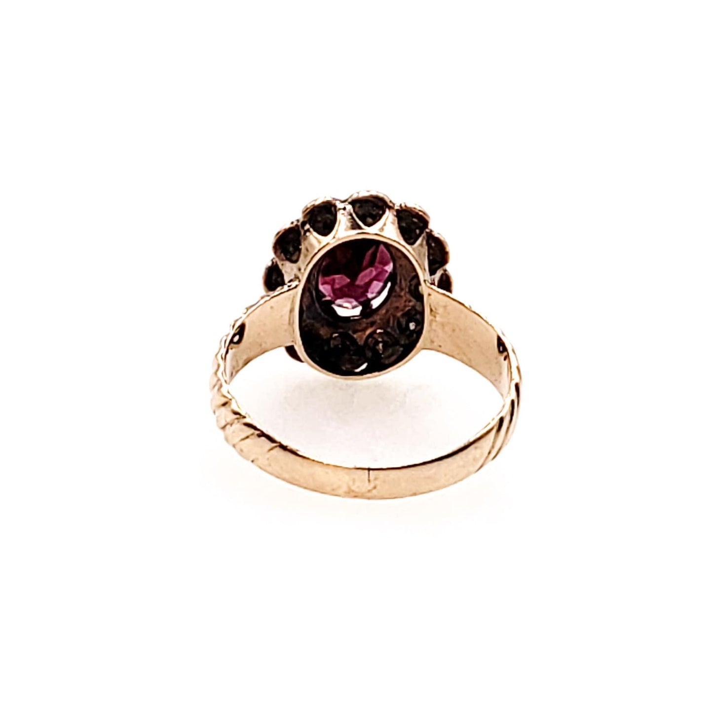 Antique 1890s Late Victorian Almandite Garnet, Seed Pearl, and 9k Yellow Gold, Pearl Halo Ring Size 6.5