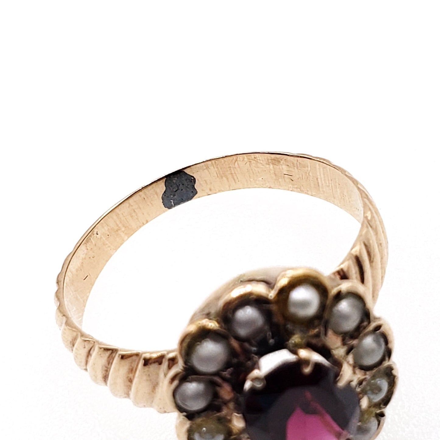 Antique 1890s Late Victorian Almandite Garnet, Seed Pearl, and 9k Yellow Gold, Pearl Halo Ring Size 6.5
