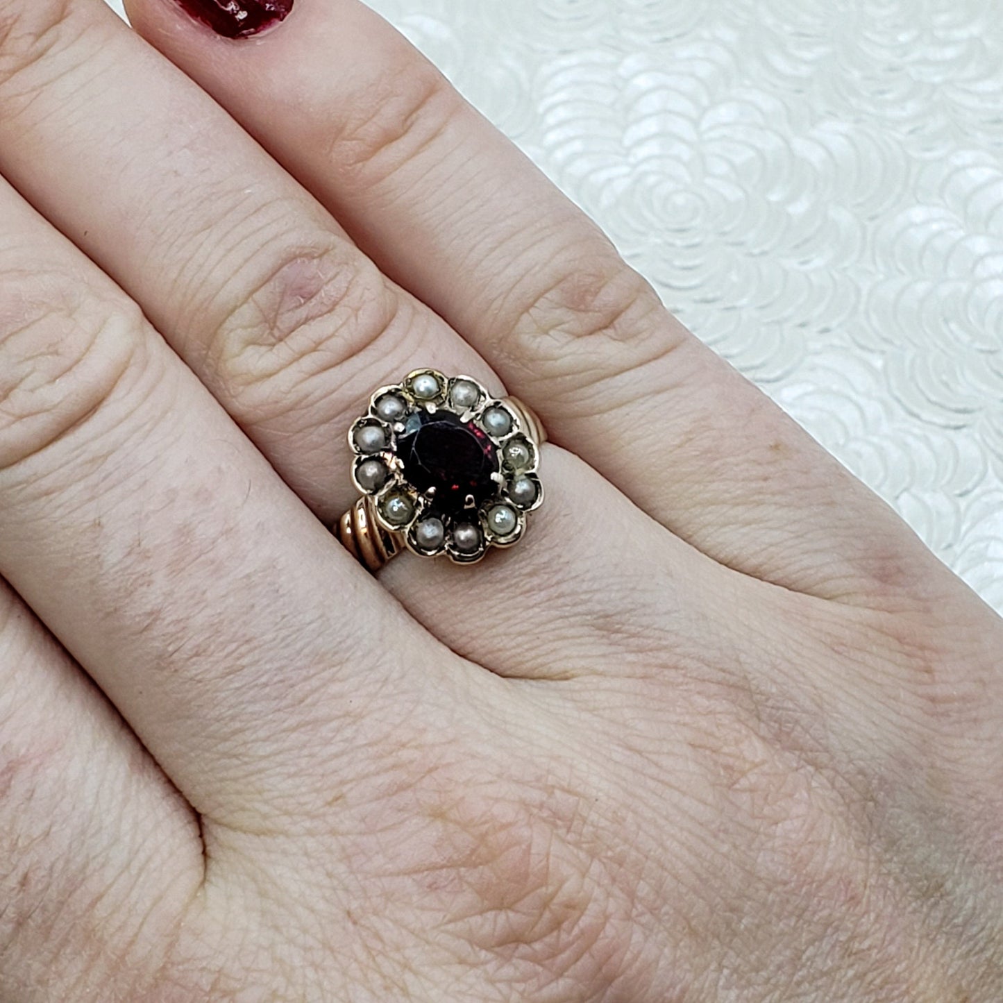 Antique 1890s Late Victorian Almandite Garnet, Seed Pearl, and 9k Yellow Gold, Pearl Halo Ring Size 6.5
