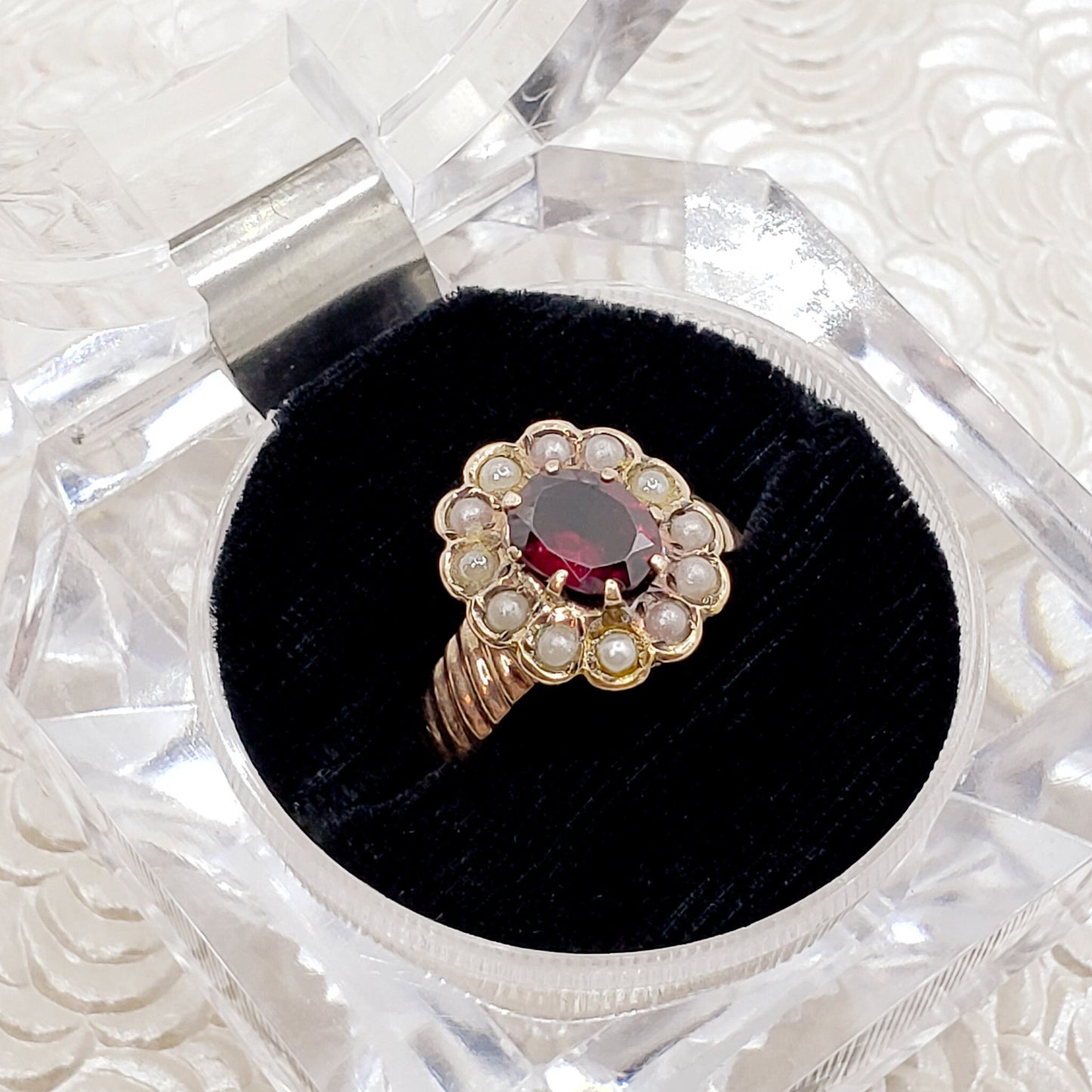 Antique 1890s Late Victorian Almandite Garnet, Seed Pearl, and 9k Yellow Gold, Pearl Halo Ring Size 6.5