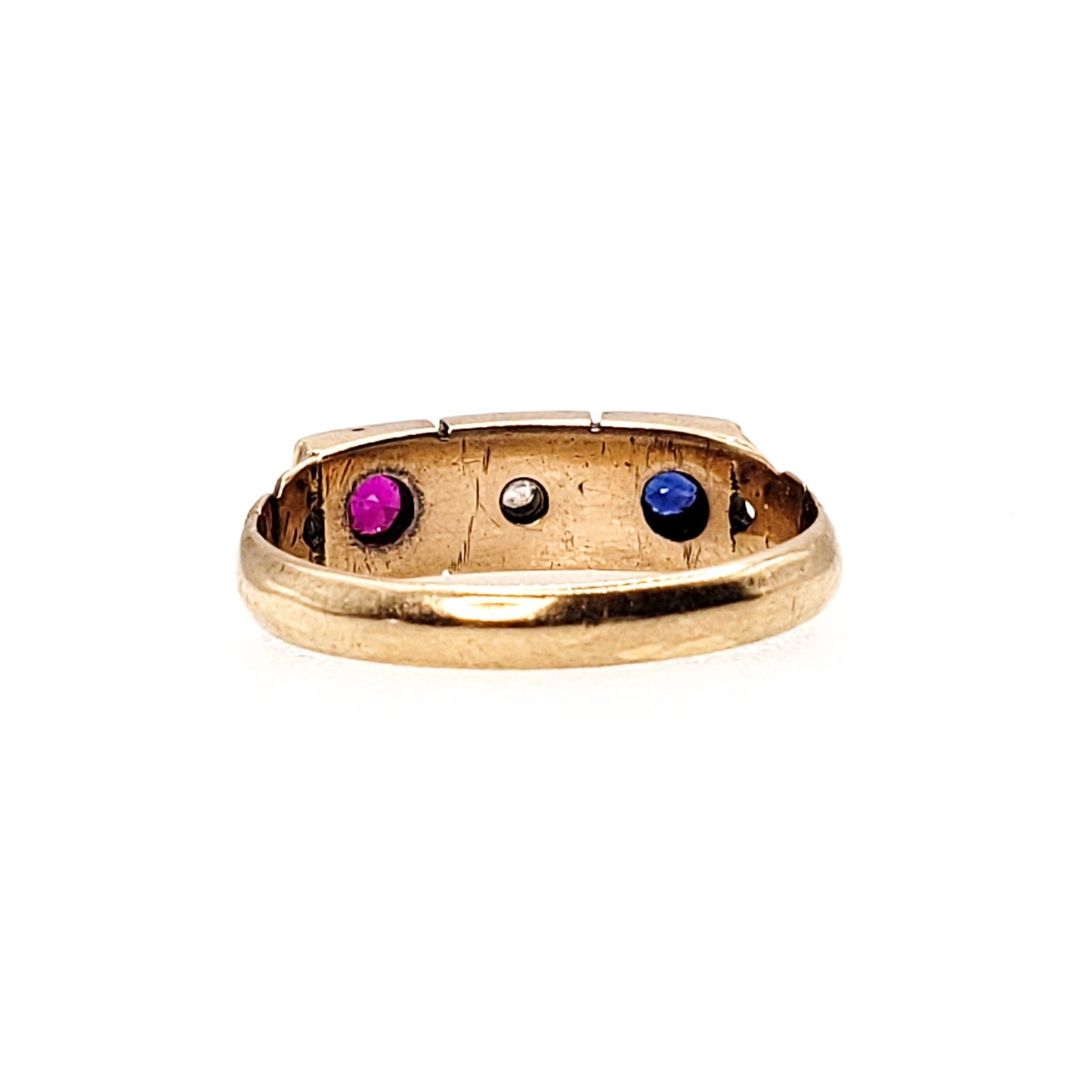 Antique Victorian Lab Ruby, Sapphire Diamond, 14K Ring - 1900s Victorian Ruby, Lab Sapphire, Diamond, Yellow Gold Gypsy Ring Size 7.25