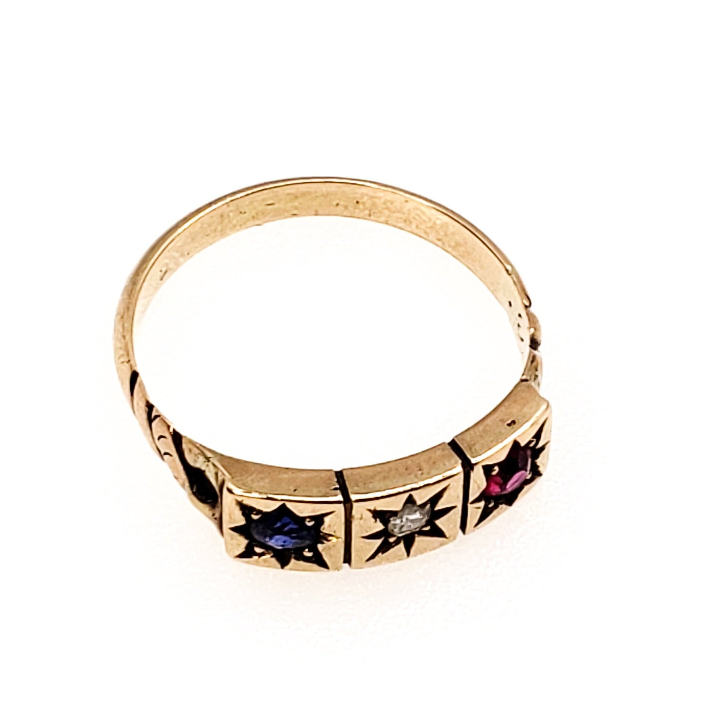 Antique Victorian Lab Ruby, Sapphire Diamond, 14K Ring - 1900s Victorian Ruby, Lab Sapphire, Diamond, Yellow Gold Gypsy Ring Size 7.25