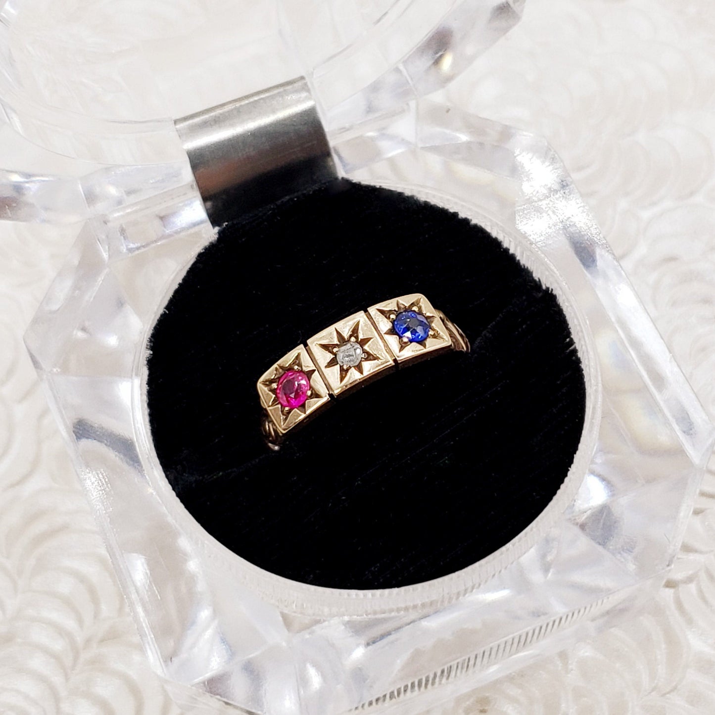 Antique Victorian Lab Ruby, Sapphire Diamond, 14K Ring - 1900s Victorian Ruby, Lab Sapphire, Diamond, Yellow Gold Gypsy Ring Size 7.25