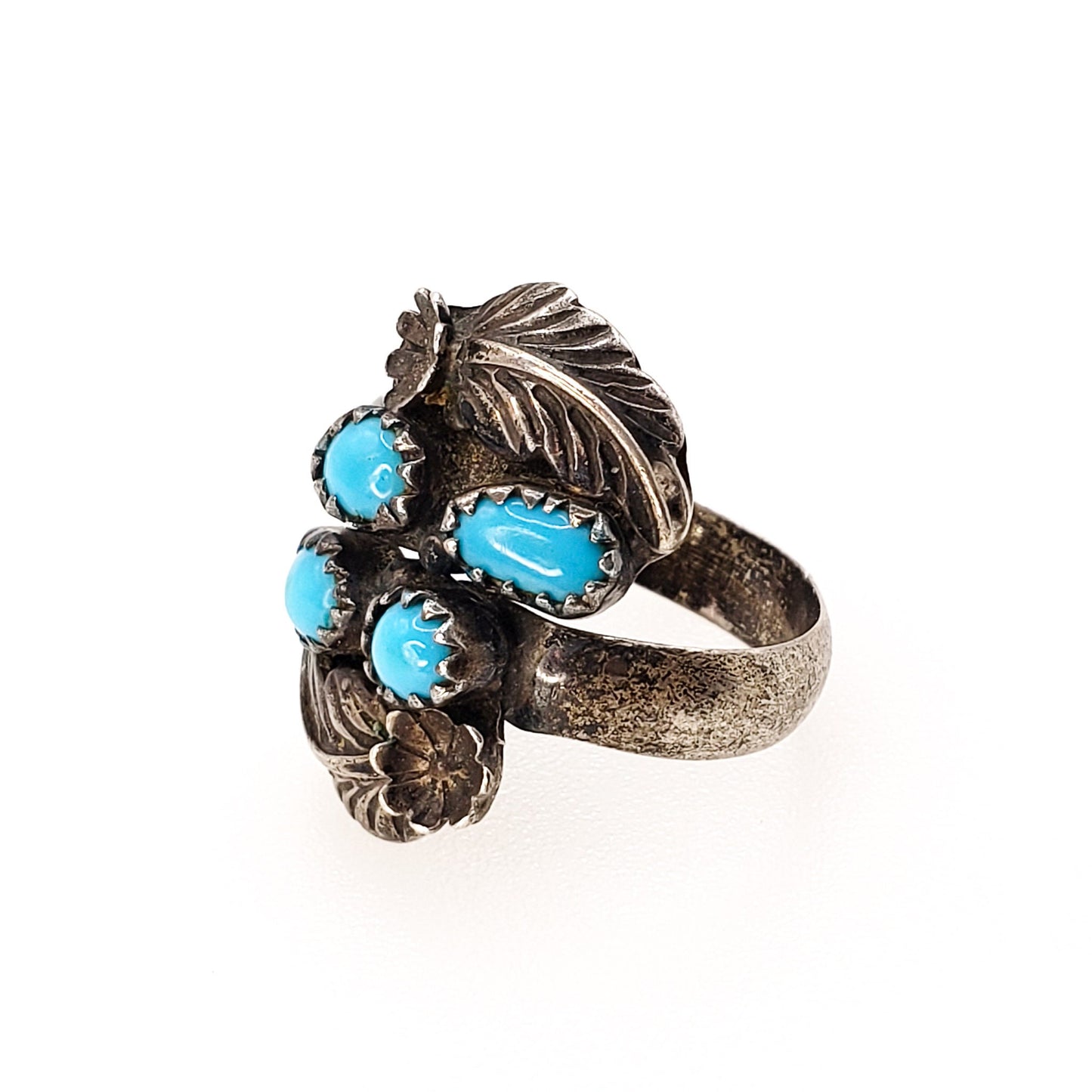 Vintage 1960s Navajo Blue Turquoise and Sterling Silver Adjustable Multi Gem Unisex Ring Size 8