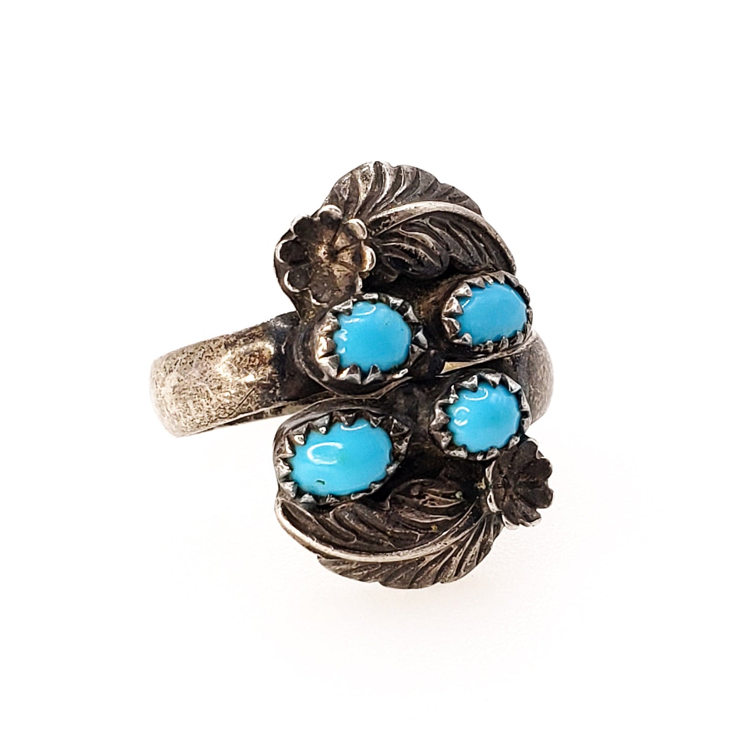 Vintage 1960s Navajo Blue Turquoise and Sterling Silver Adjustable Multi Gem Unisex Ring Size 8