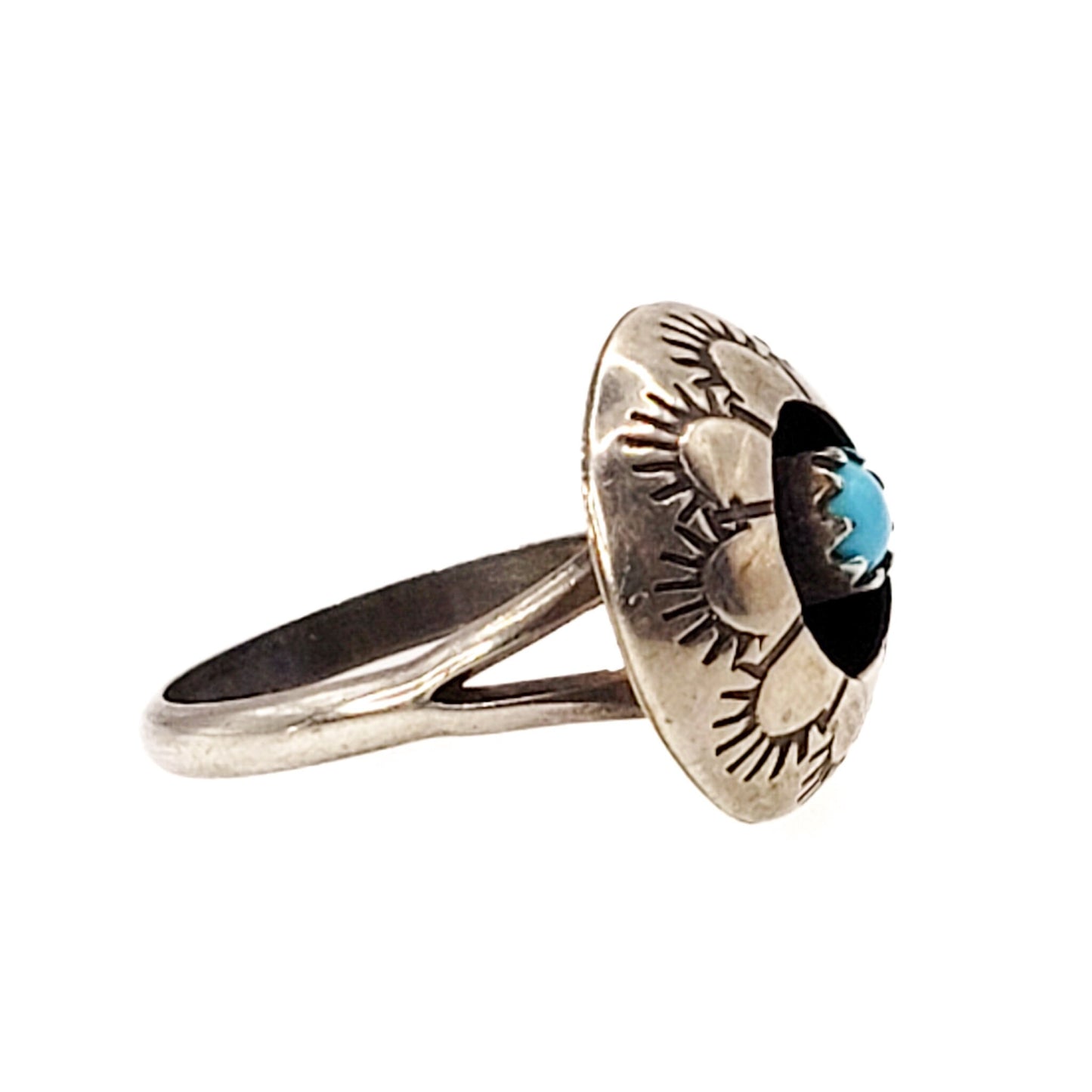 Vintage 1980s Blue Turquoise and Sterling Silver Navajo Flower Ring Size 5.25