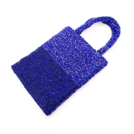 Vintage 1990s Iridescent Blue Glass Bead Evening Handbag - Beaded Purse for Date Night