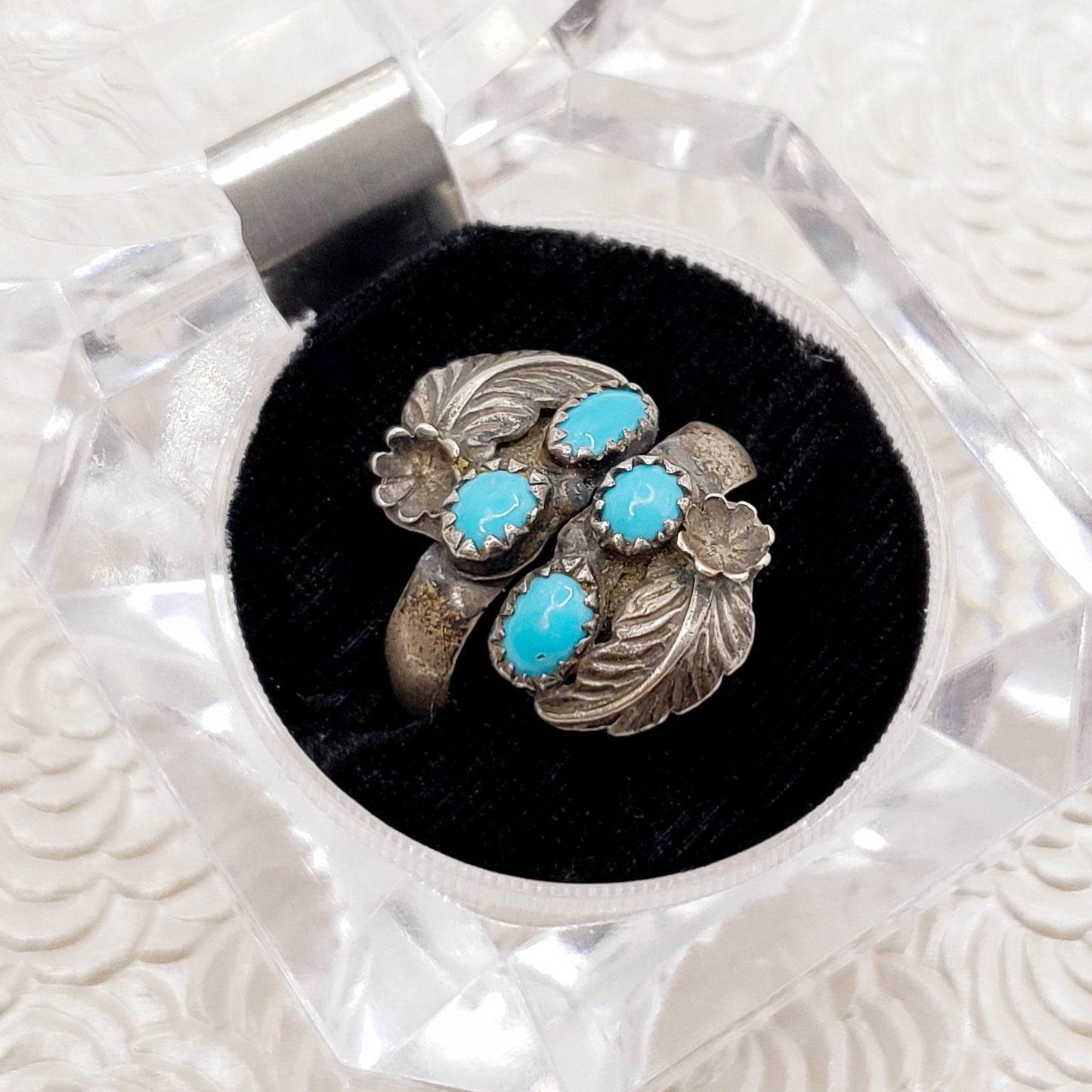 Vintage 1960s Navajo Blue Turquoise and Sterling Silver Adjustable Multi Gem Unisex Ring Size 8