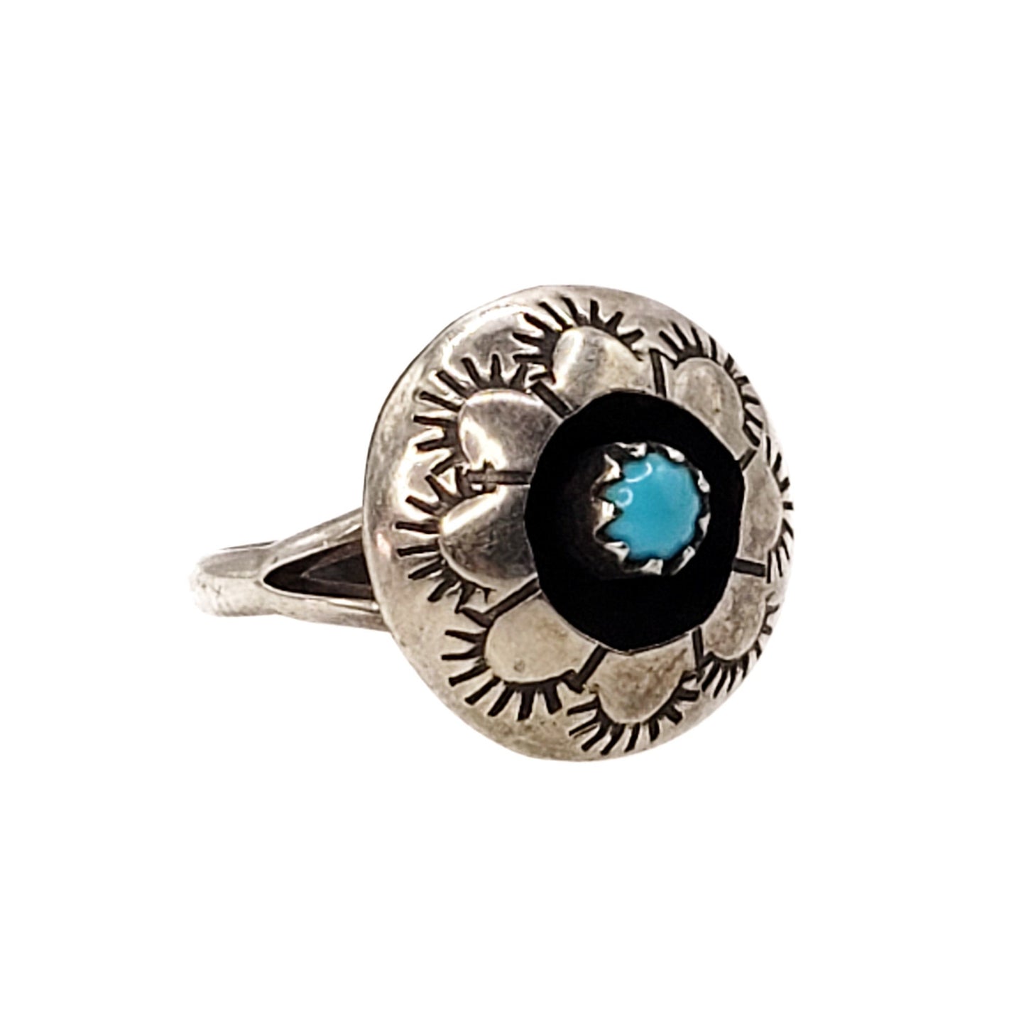 Vintage 1980s Blue Turquoise and Sterling Silver Navajo Flower Ring Size 5.25