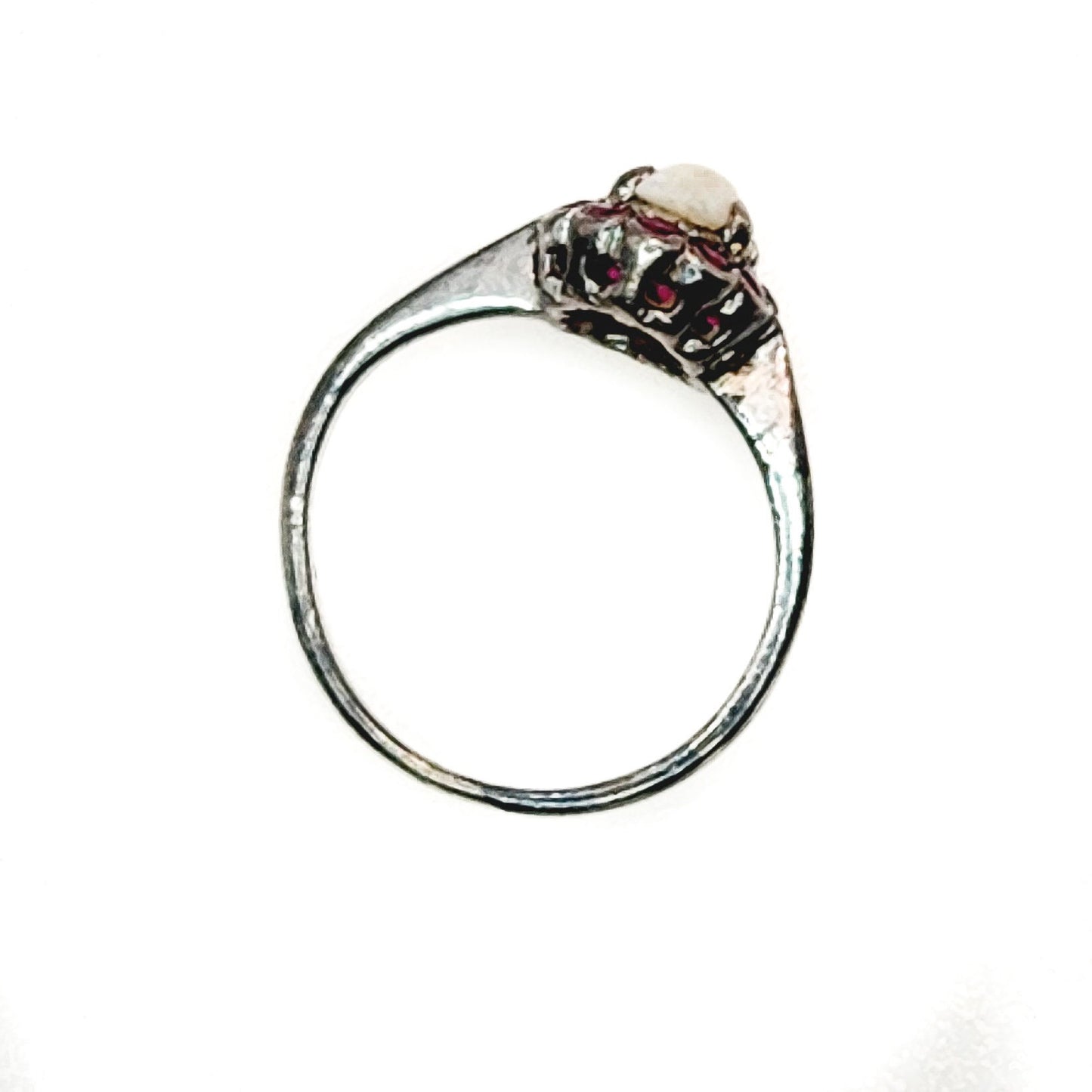 Antique 1910s White Opal and Red Spinel Halo Silver Ring Size 5