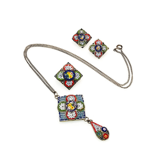 Antique 1920s Micro Mosaic Necklace, Clip On Earrings, and Brooch Set