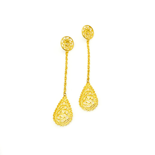 Vintage 1980s Gold Tone Statement Dangle Long Yellow Gold Tone Pierced Earrings