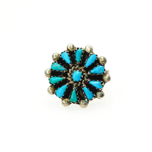 Vintage 1980s Zuni Blue Turquoise and Sterling Silver Petit Point Flower Southwestern Cluster Silver Ring Size 8