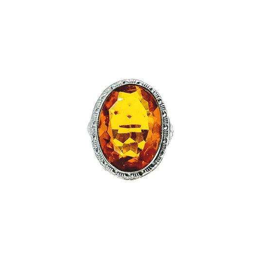 Antique 1920s Art Deco Orange Faceted Glass and Sterling Silver Pinky Ring Size 4.25