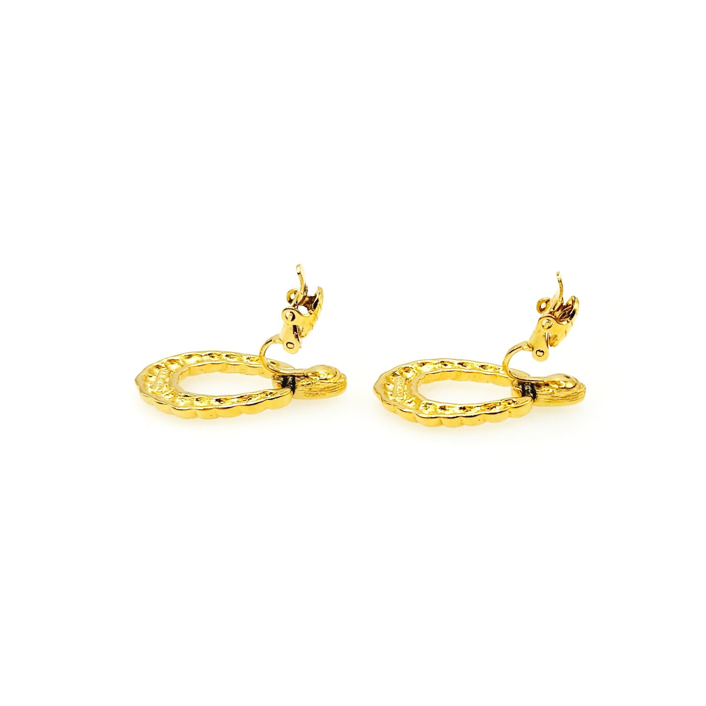 Vintage 1980s TRIFARI Yellow Gold Plate Dangle Hoop Clip On Earrings