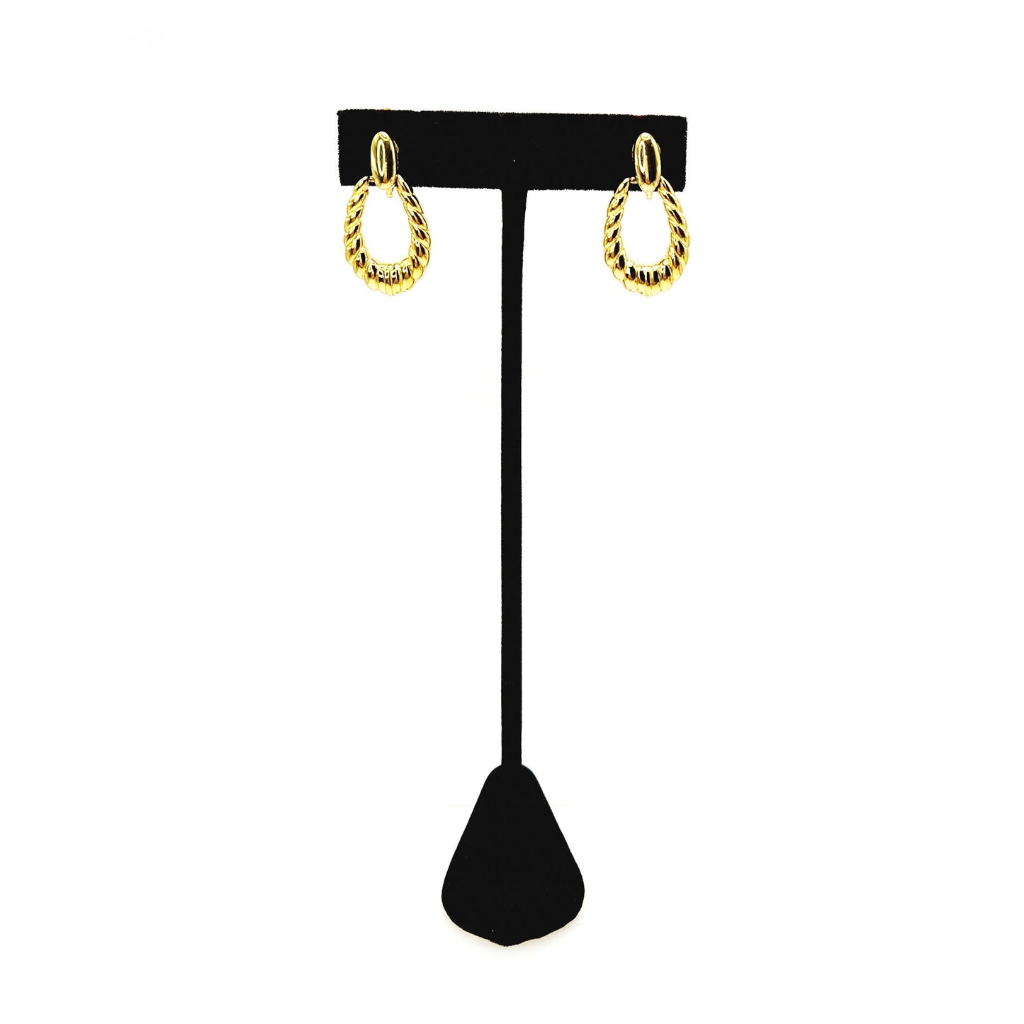 Vintage 1980s TRIFARI Yellow Gold Plate Dangle Hoop Clip On Earrings
