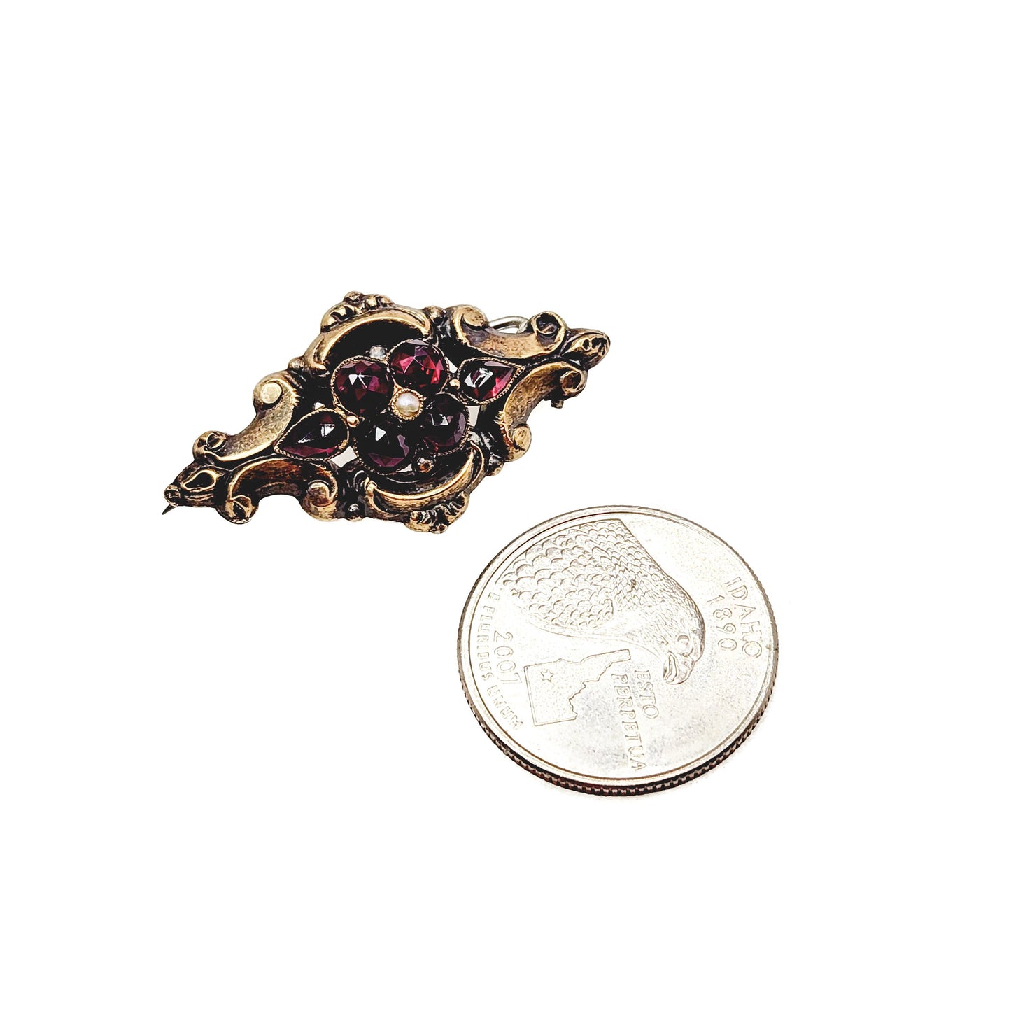 Antique 1850s Early Victorian Red Garnet, Seed Pearl and Gold Plate Brooch