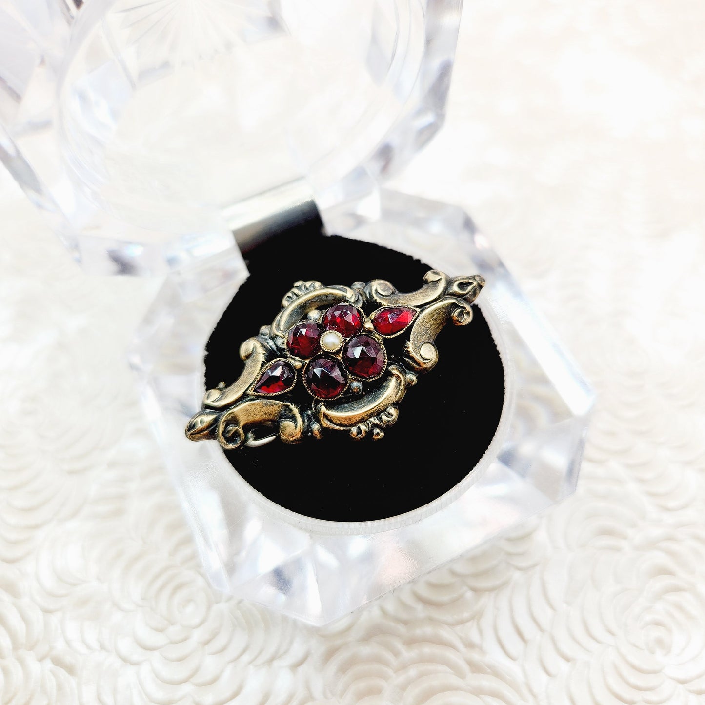 Antique 1850s Early Victorian Red Garnet, Seed Pearl and Gold Plate Brooch