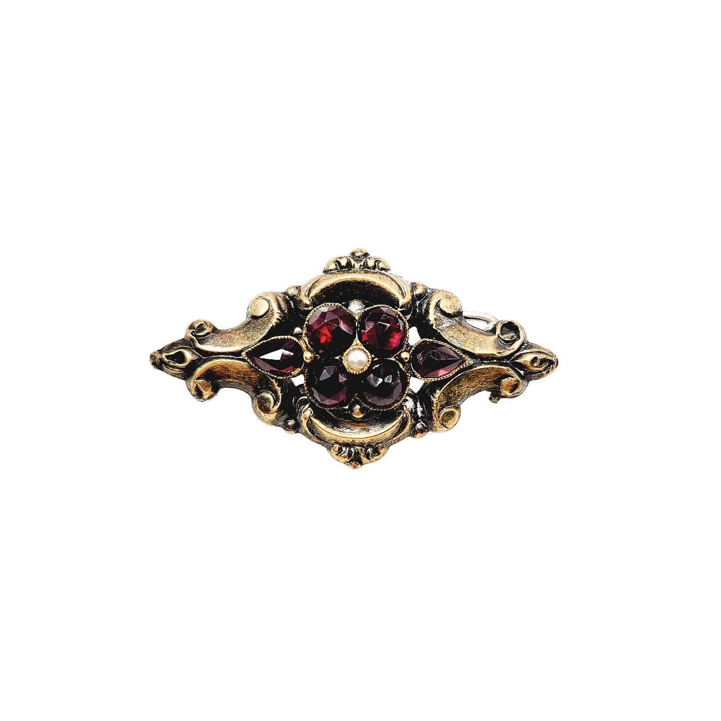 Antique 1850s Early Victorian Red Garnet, Seed Pearl and Gold Plate Brooch