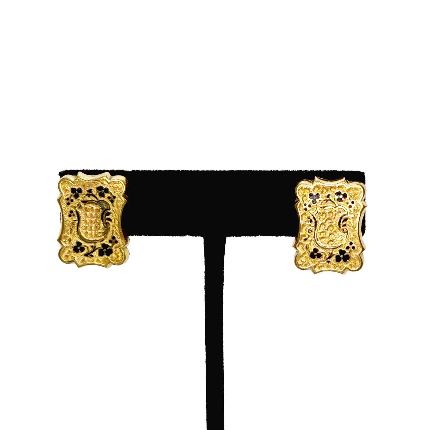 Antique 1870s Victorian Black Taille d' Epergne Enamel Rolled Gold Conversion Pierced Stud Mourning Earrings