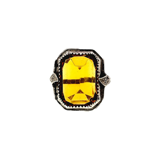 Antique 1920s Art Deco Orange Glass and Sterling Foliate Statement Ring Size 4.25