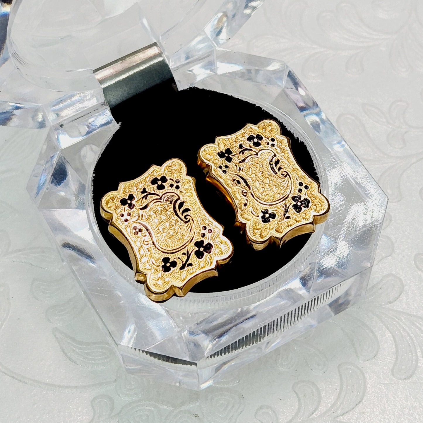 Antique 1870s Victorian Black Taille d' Epergne Enamel Rolled Gold Conversion Pierced Stud Mourning Earrings