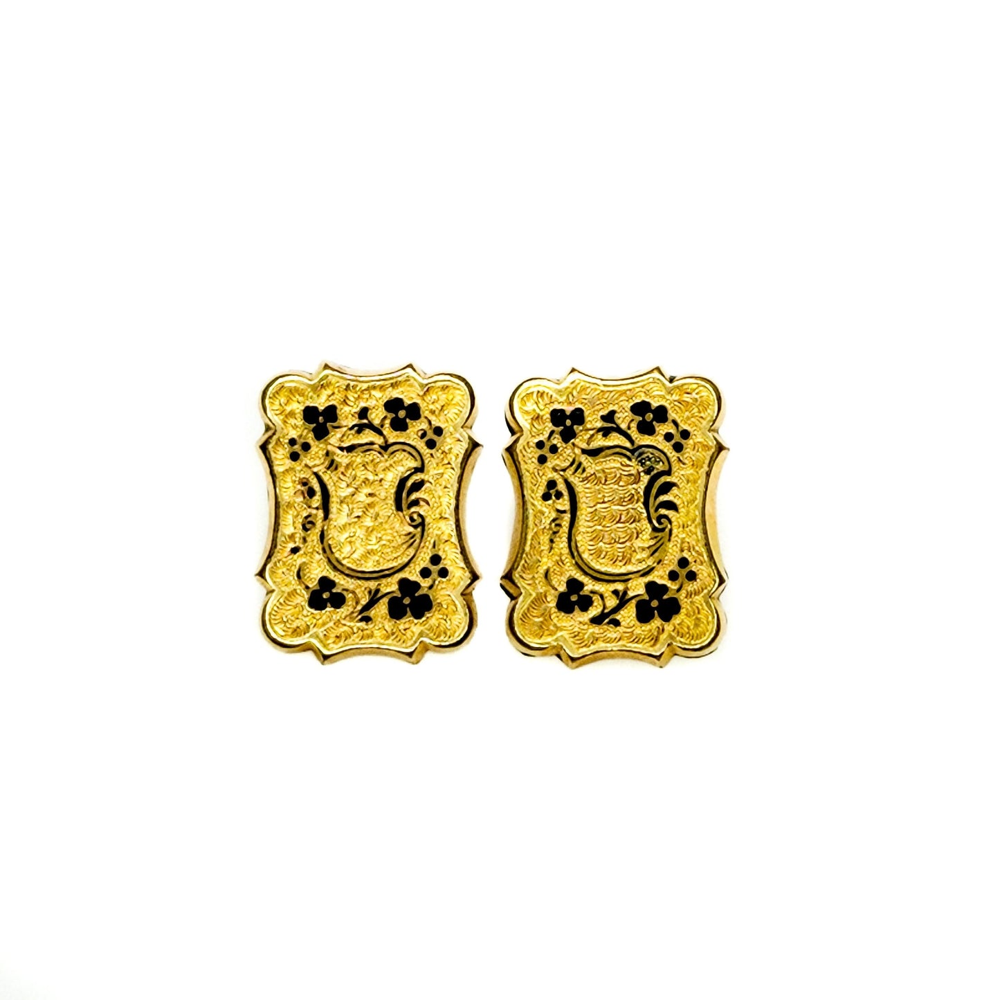 Antique 1870s Victorian Black Taille d' Epergne Enamel Rolled Gold Conversion Pierced Stud Mourning Earrings