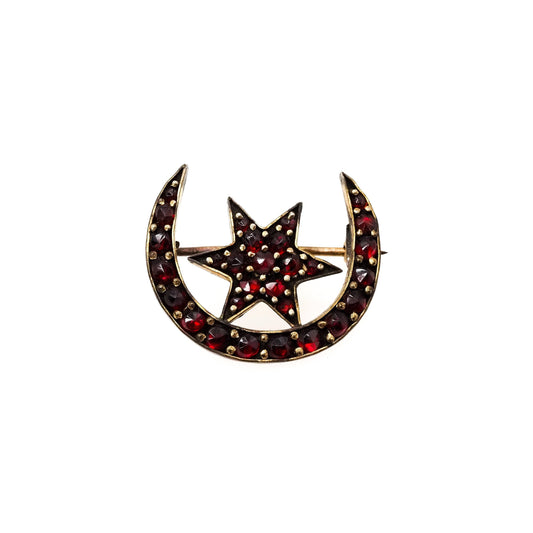 Antique 1910s Rose Cut Bohemian Garnet Star and Crescent Moon Cluster Gilt Brooch