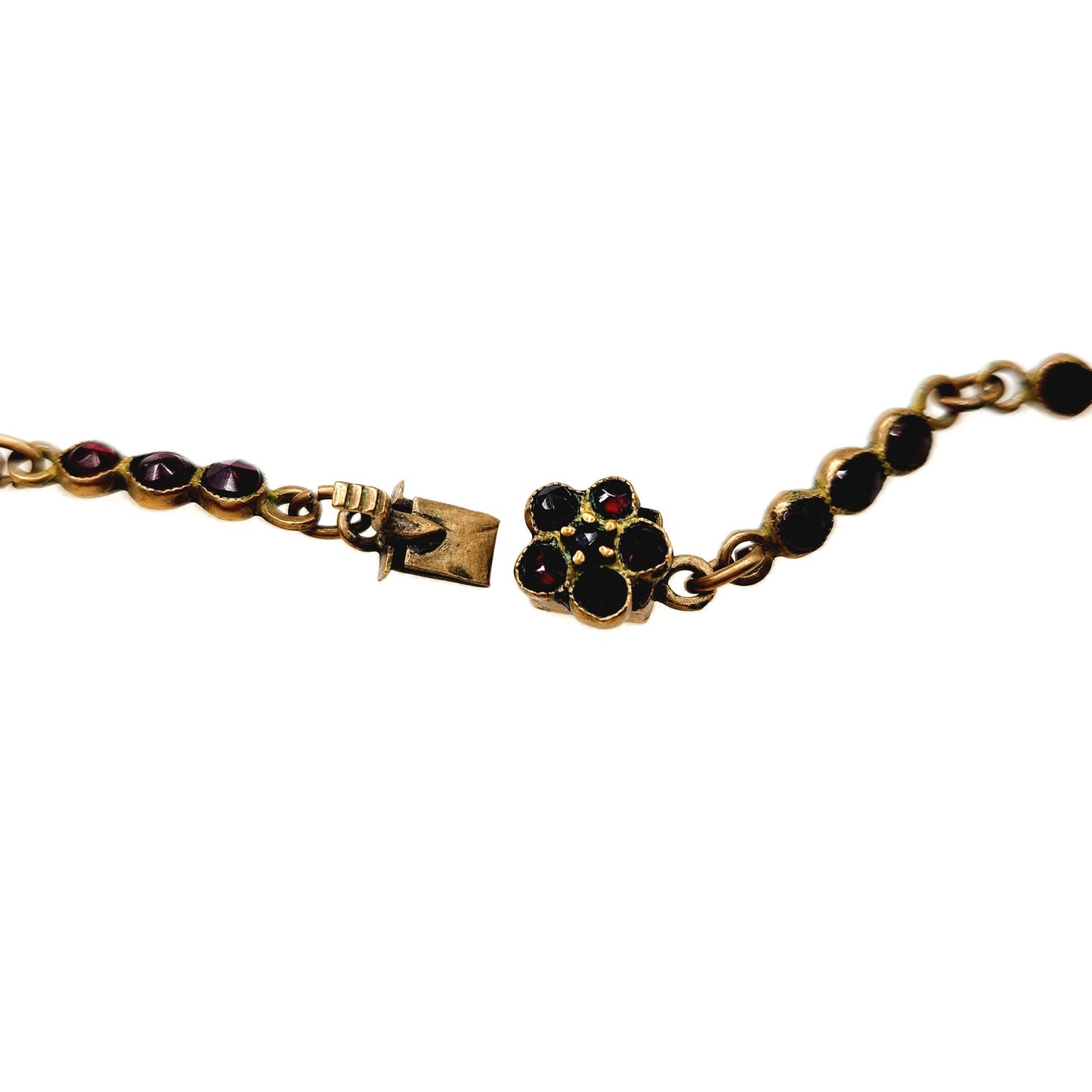 Antique 1900s Bohemian Garnet and Gilt Star Czech Garnet Flower Choker Statement 17" Necklace