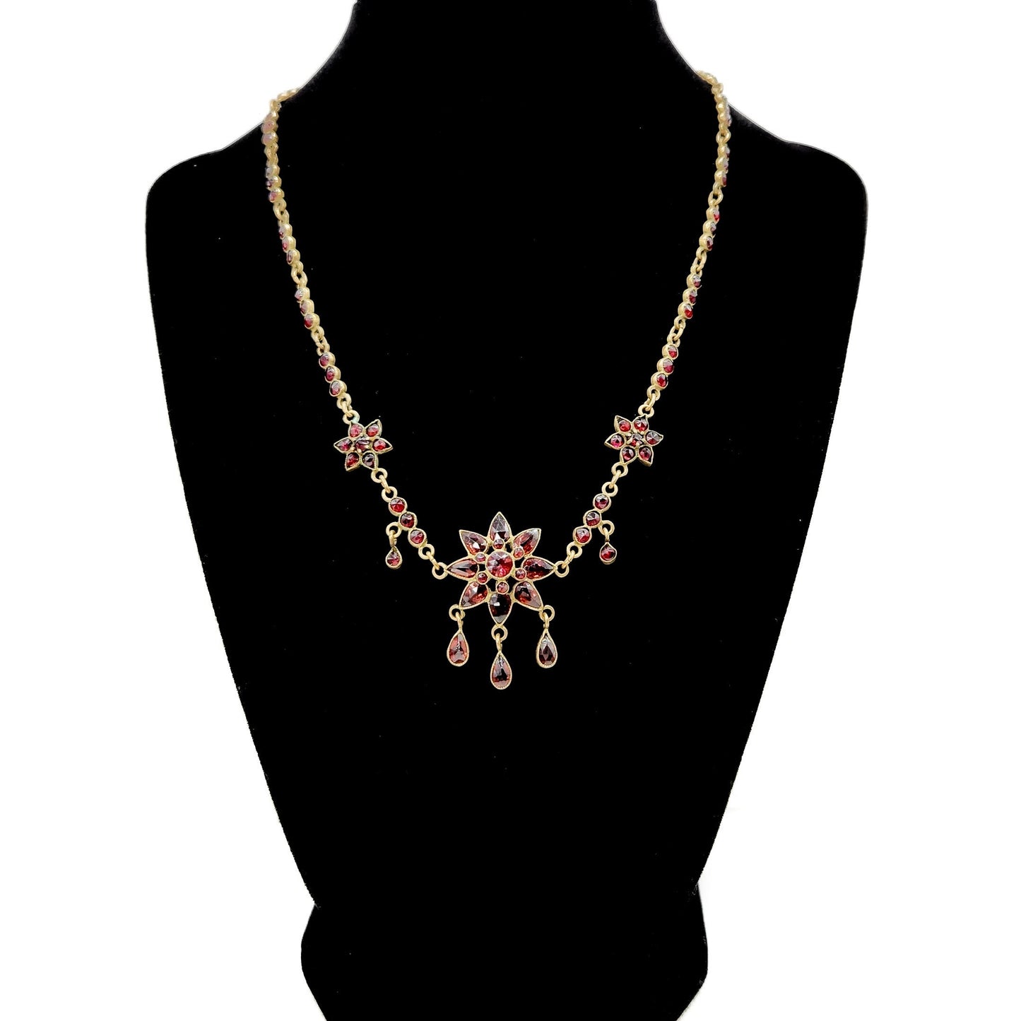 Antique 1900s Bohemian Garnet and Gilt Star Czech Garnet Flower Choker Statement 17" Necklace