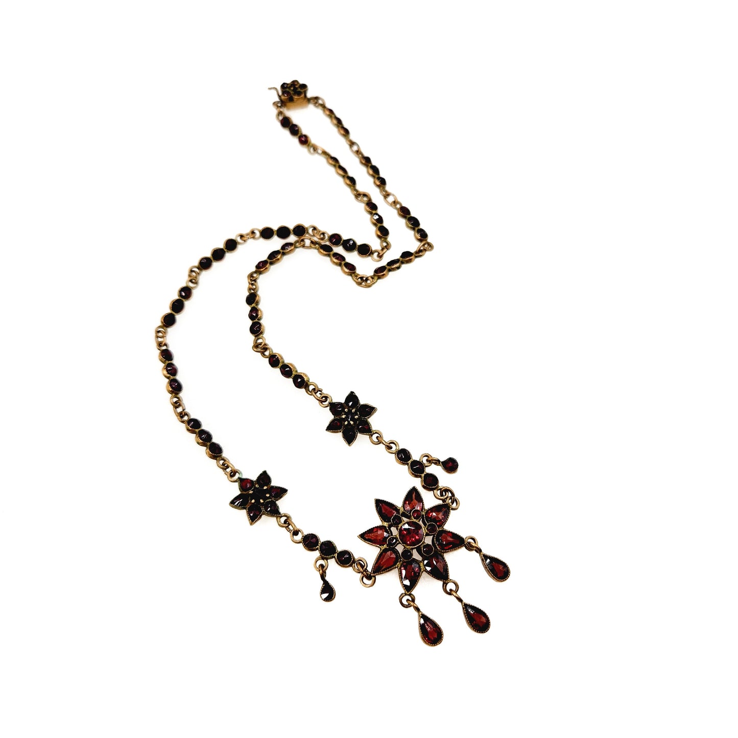 Antique 1900s Bohemian Garnet and Gilt Star Czech Garnet Flower Choker Statement 17" Necklace