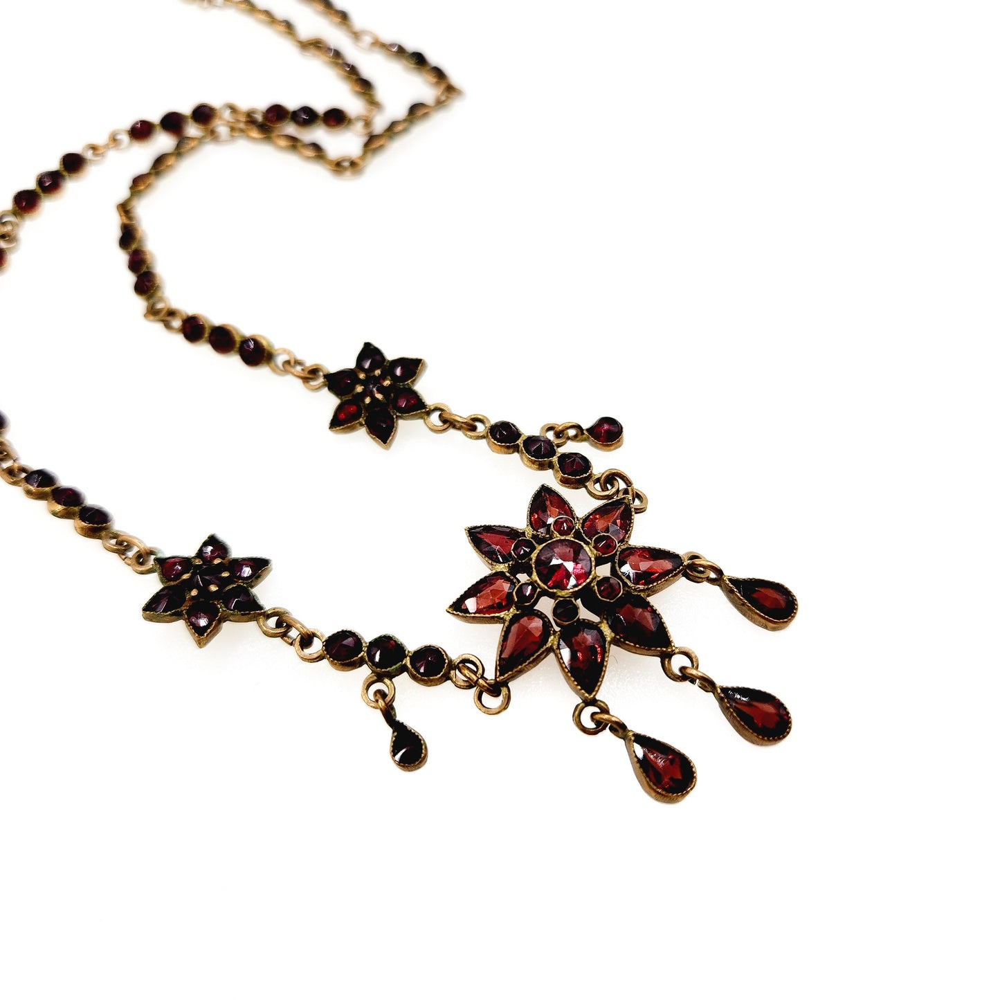 Antique 1900s Bohemian Garnet and Gilt Star Czech Garnet Flower Choker Statement 17" Necklace