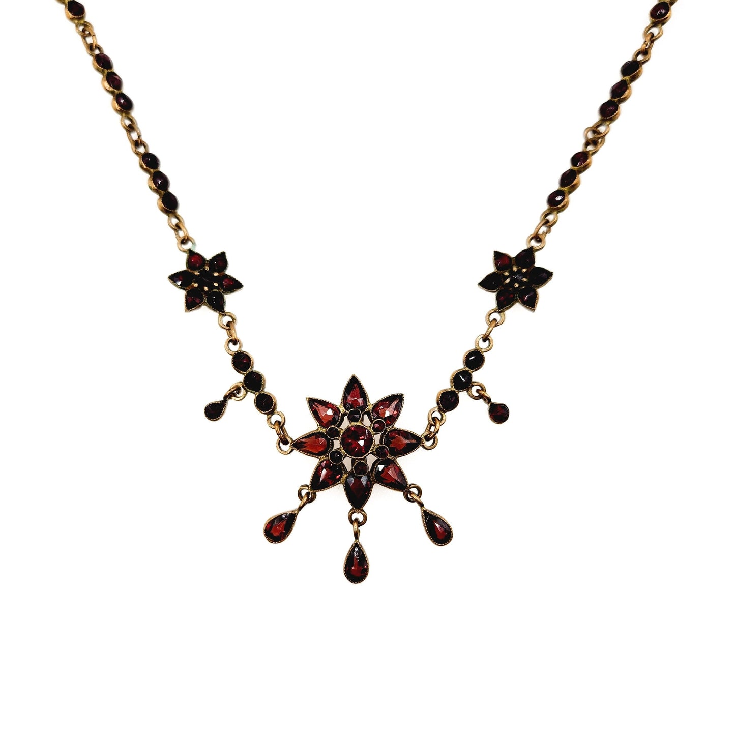 Antique 1900s Bohemian Garnet and Gilt Star Czech Garnet Flower Choker Statement 17" Necklace
