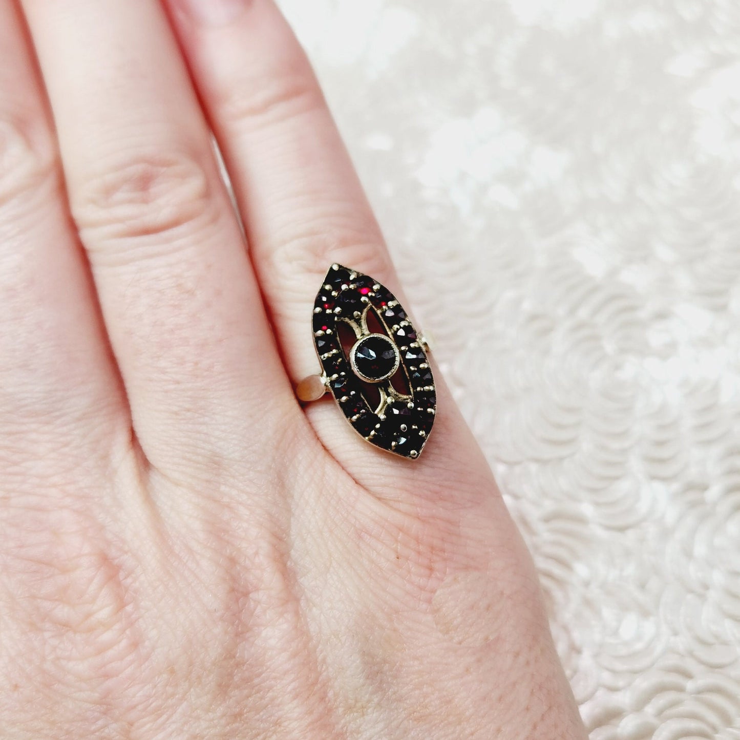 Vintage 1960s Bohemian Garnet, 900 Silver Czech Gold Wash Silver Marquise Ring Size 6.25
