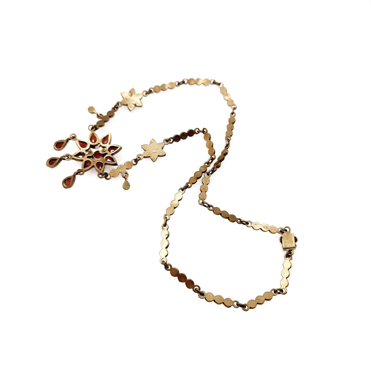 Antique 1900s Bohemian Garnet and Gilt Star Czech Garnet Flower Choker Statement 17" Necklace