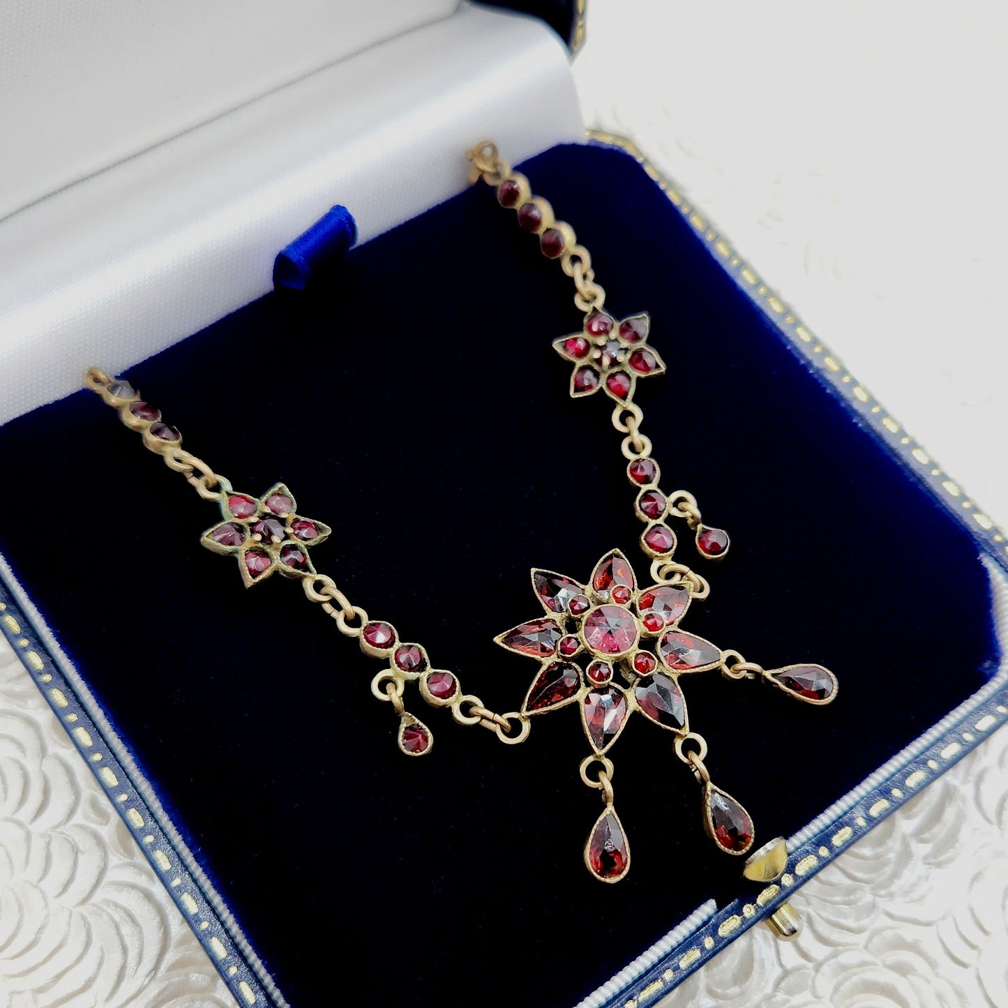 Antique 1900s Bohemian Garnet and Gilt Star Czech Garnet Flower Choker Statement 17" Necklace