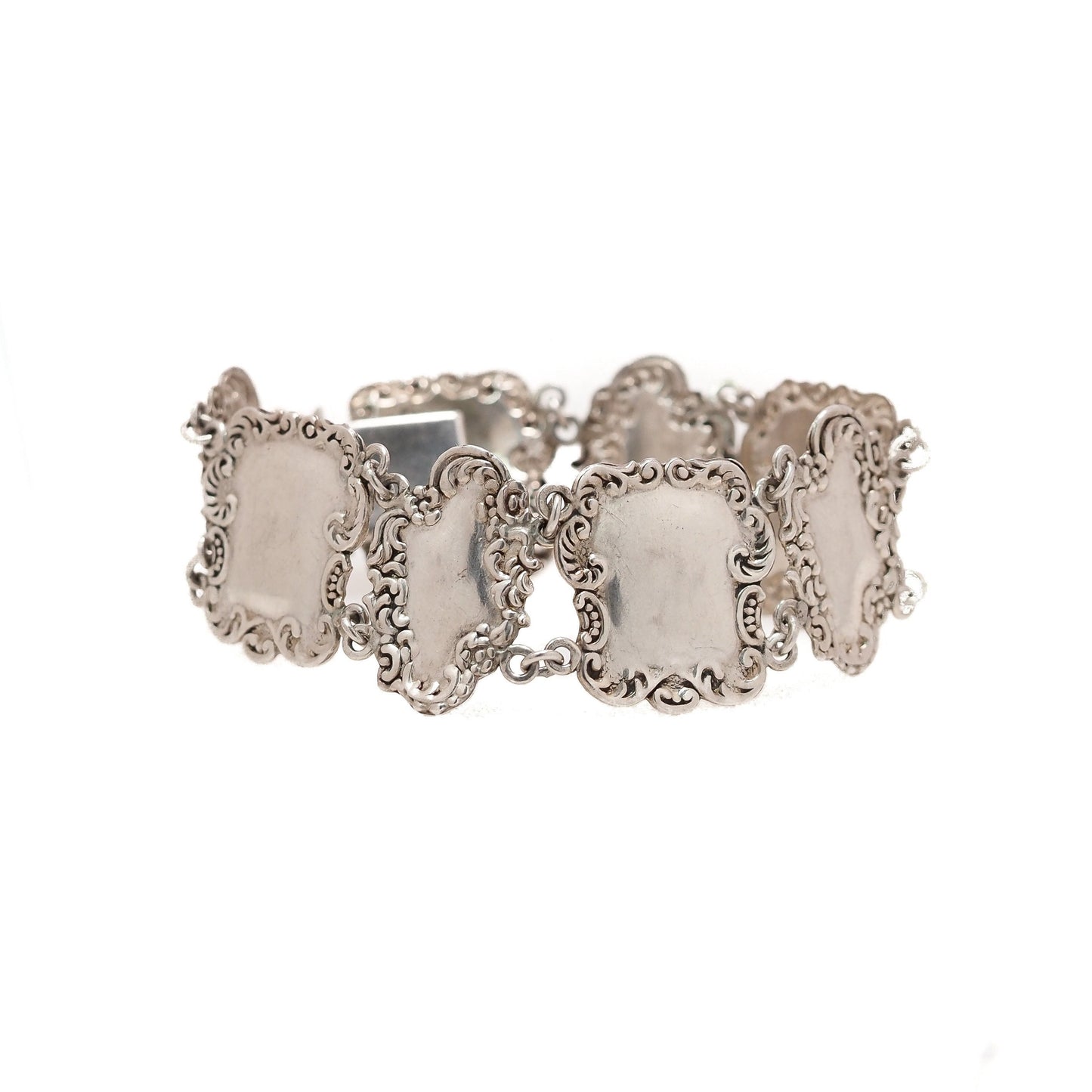 Antique 1920s Silver Large Mirror Link Repousse Statement 6.75" Bracelet - 20s Large Silver Bracelet